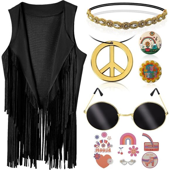 Women Hippie Costume Set 70s Boho Fringe Vest Accessories Halloween Costume